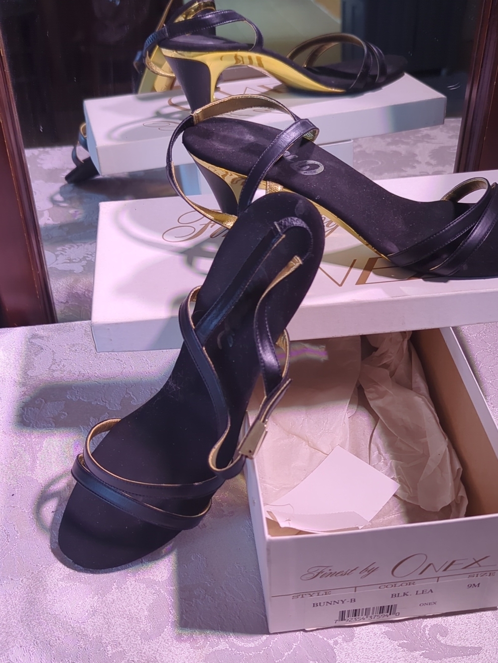 Onex Black and Gold Strappy Mid Heel Sandals